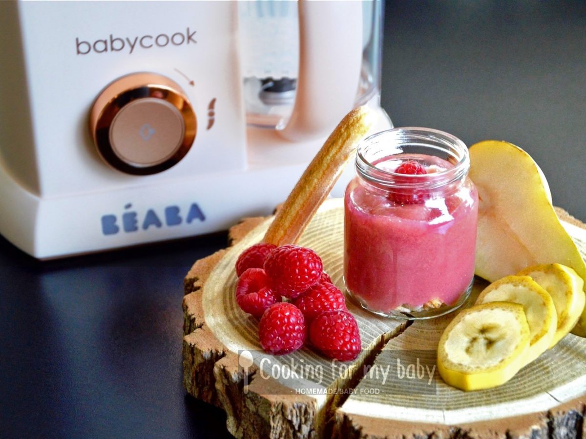 Raspberry Pear And Banana On Boudoir Biscuits Baby Puree Recipe From 7 Months
